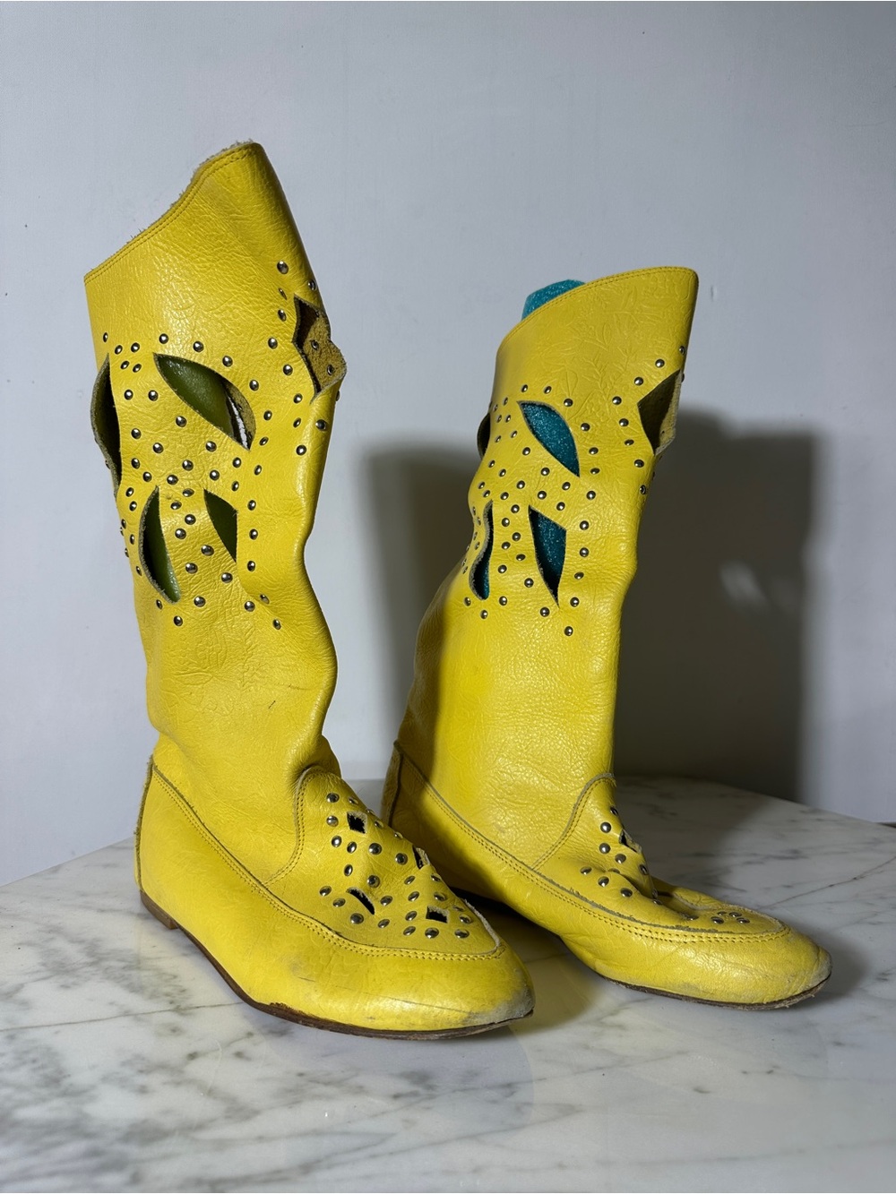 Yellow Studded Cutout Mid-Calf Women's Boots
